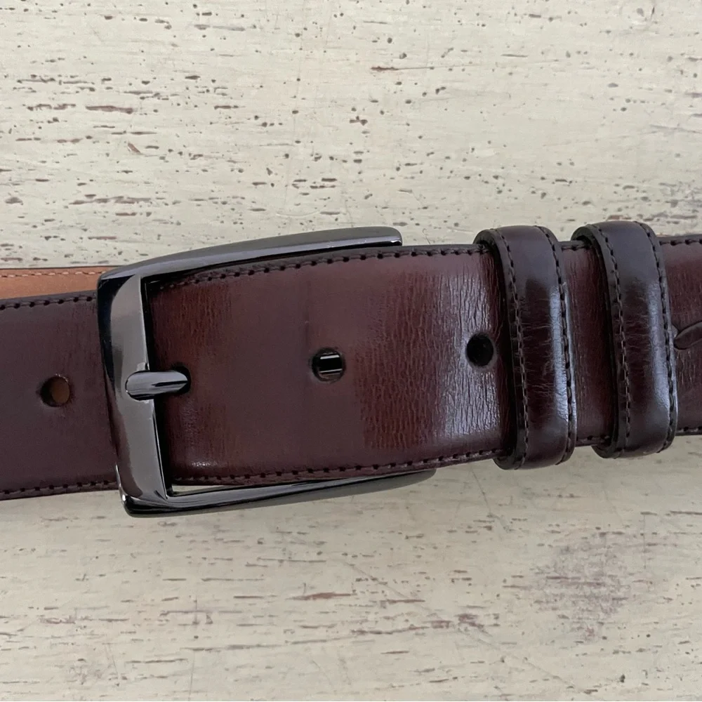 Mezlan Made in Spain Gun Metal Buckle Brogues Trim Leather Belt in Brown Size 42